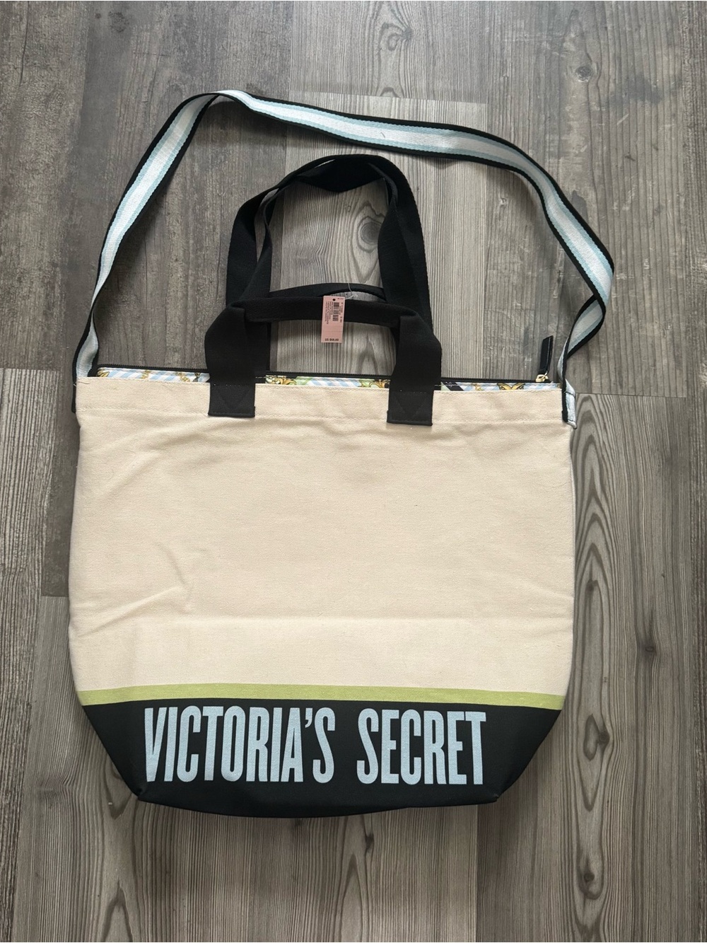 Victoria's Secret Cream and Black Canvas Tote with Striped Strap